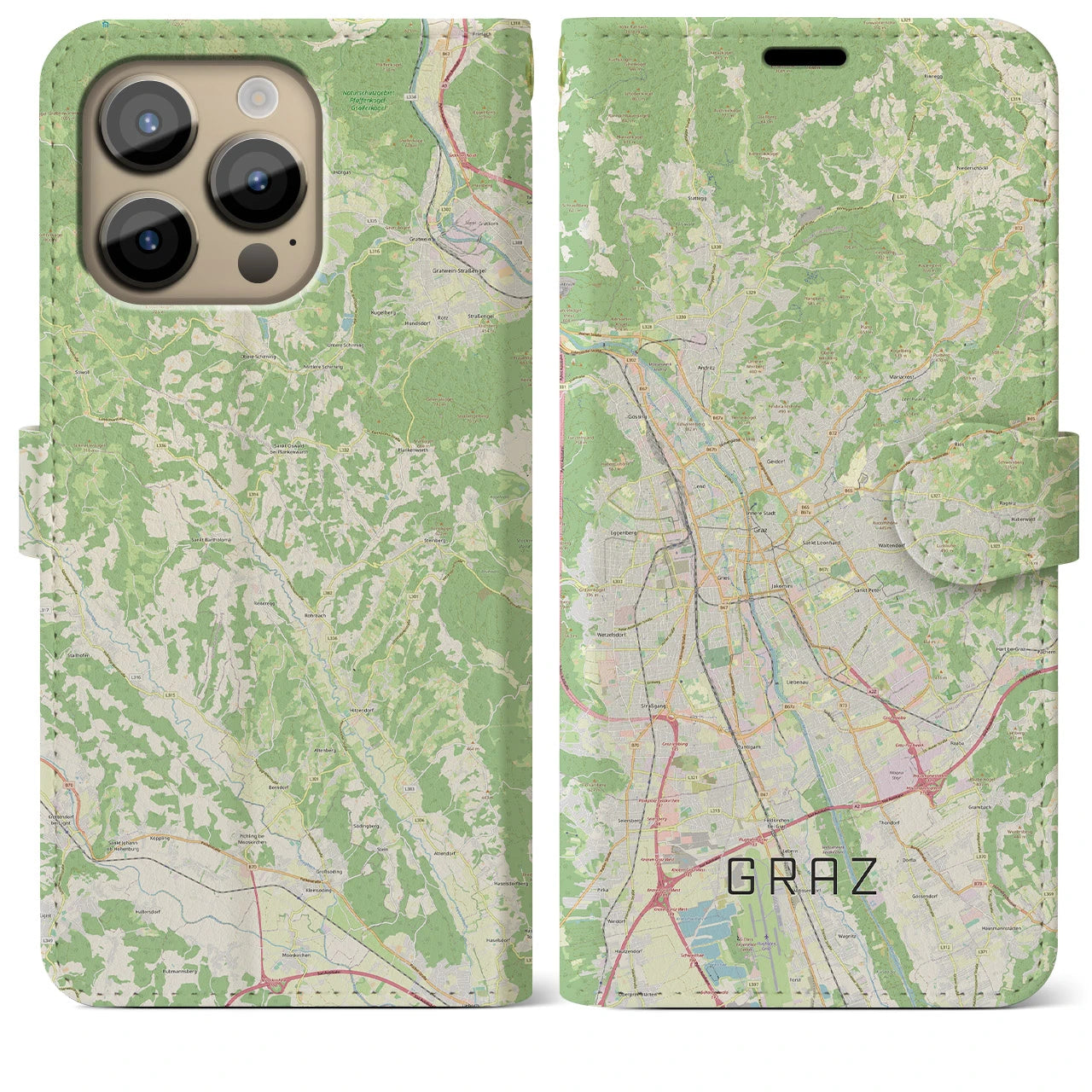 【グラーツ(オーストリア)】地図柄iPhoneケース(手帳タイプ)ナチュラル・iPhone 14 Pro Max 用