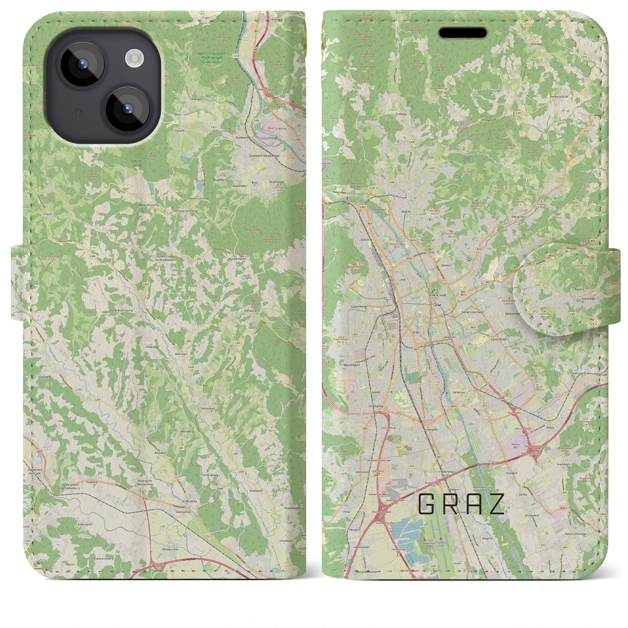 【グラーツ(オーストリア)】地図柄iPhoneケース(手帳タイプ)ナチュラル・iPhone 14 Plus 用