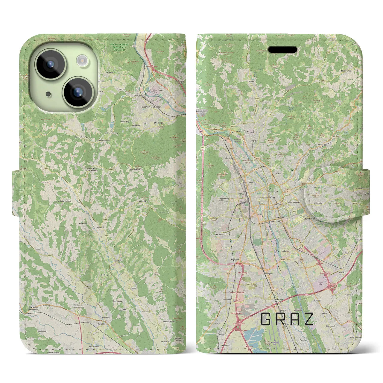 【グラーツ(オーストリア)】地図柄iPhoneケース(手帳タイプ)ナチュラル・iPhone 15 用