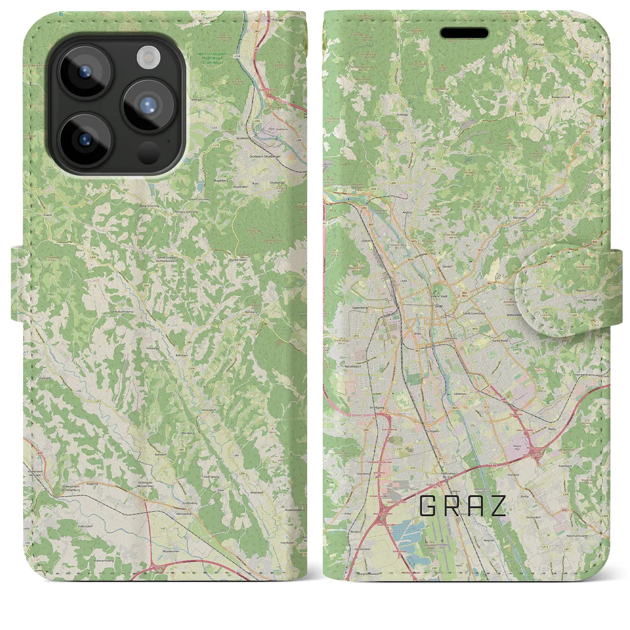 【グラーツ(オーストリア)】地図柄iPhoneケース(手帳タイプ)ナチュラル・iPhone 15 Pro Max 用