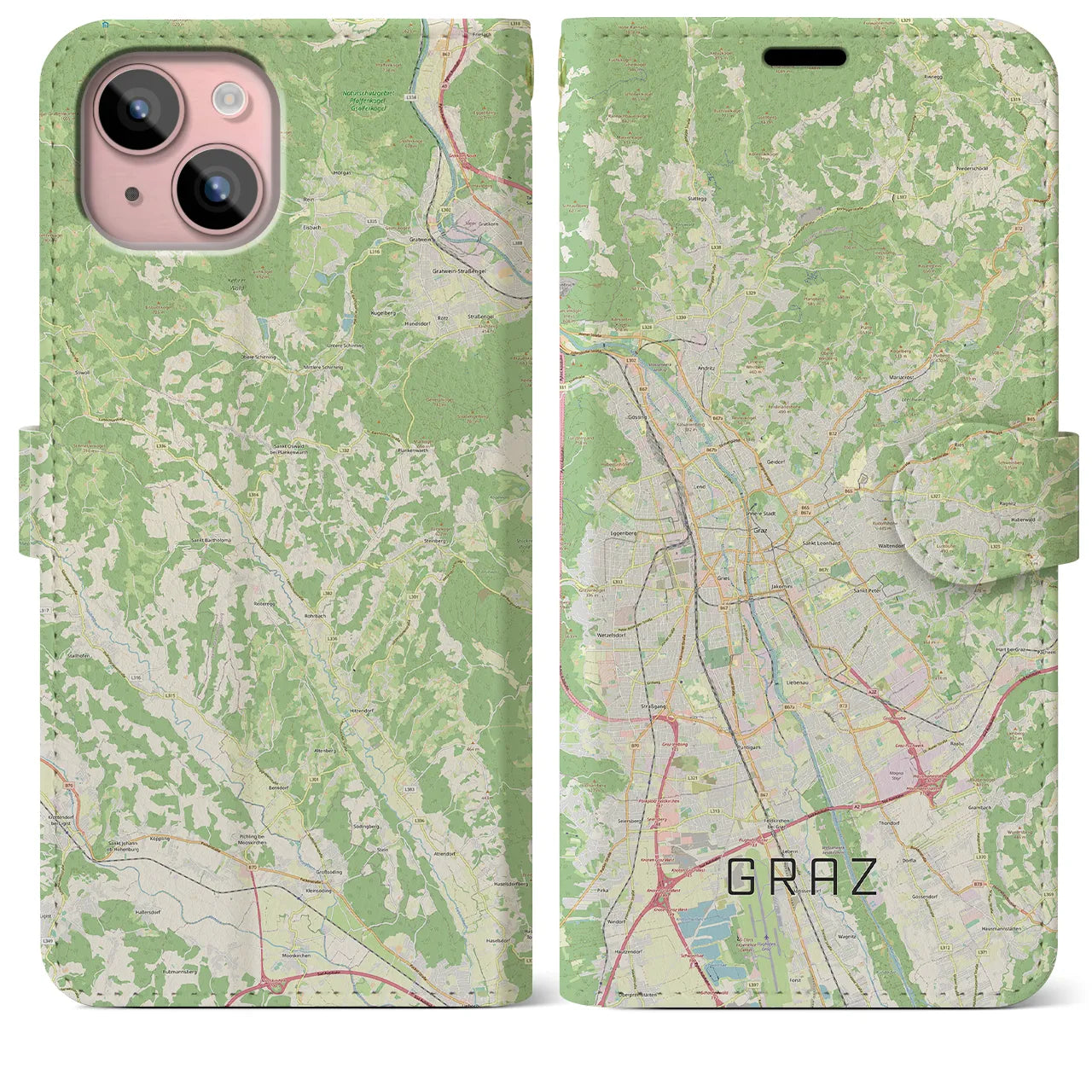 【グラーツ(オーストリア)】地図柄iPhoneケース(手帳タイプ)ナチュラル・iPhone 15 Plus 用