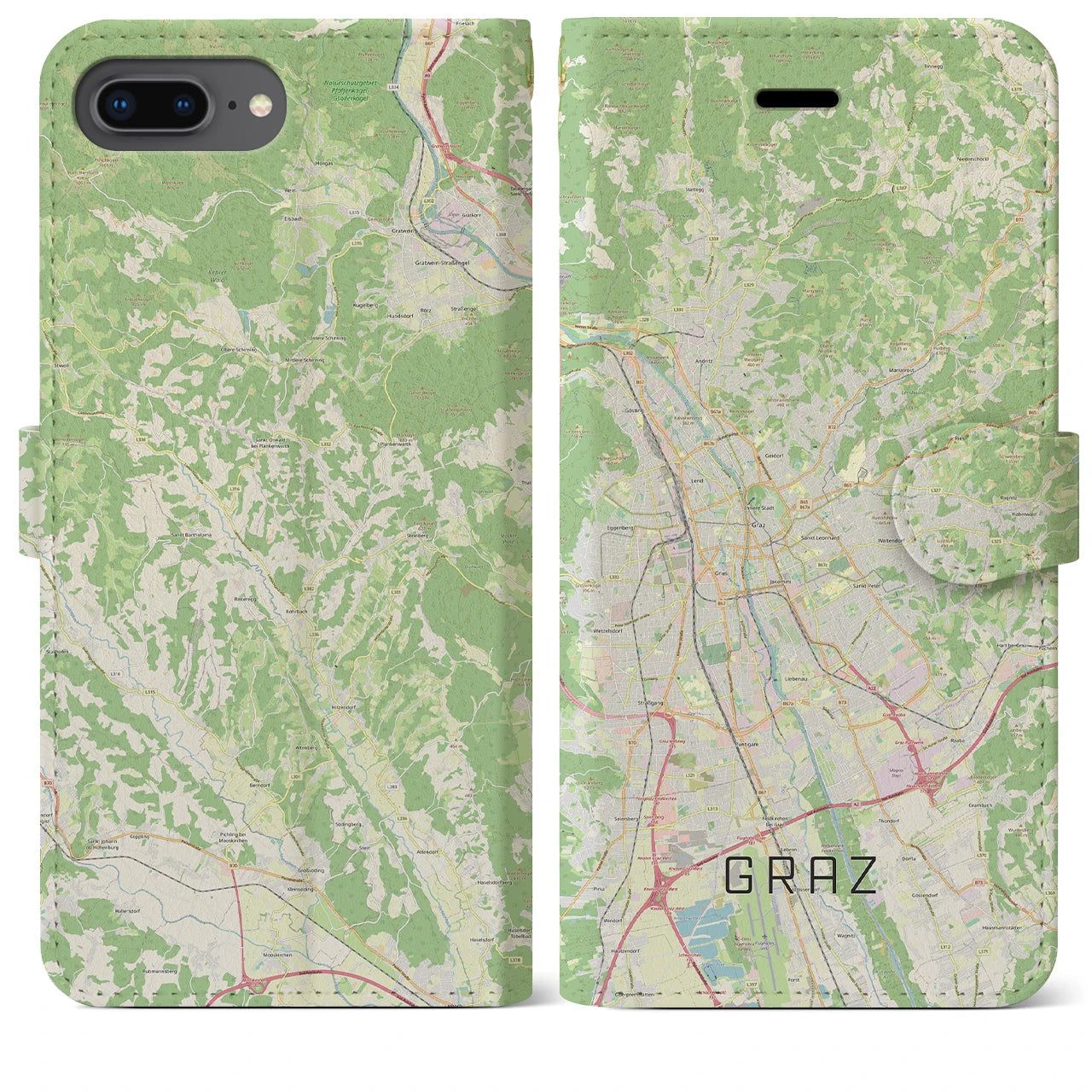 【グラーツ(オーストリア)】地図柄iPhoneケース(手帳タイプ)ナチュラル・iPhone 8Plus /7Plus / 6sPlus / 6Plus 用