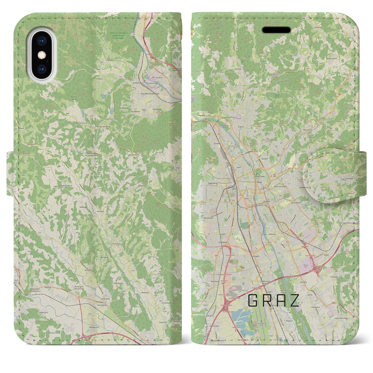 【グラーツ(オーストリア)】地図柄iPhoneケース(手帳タイプ)ナチュラル・iPhone XS Max 用