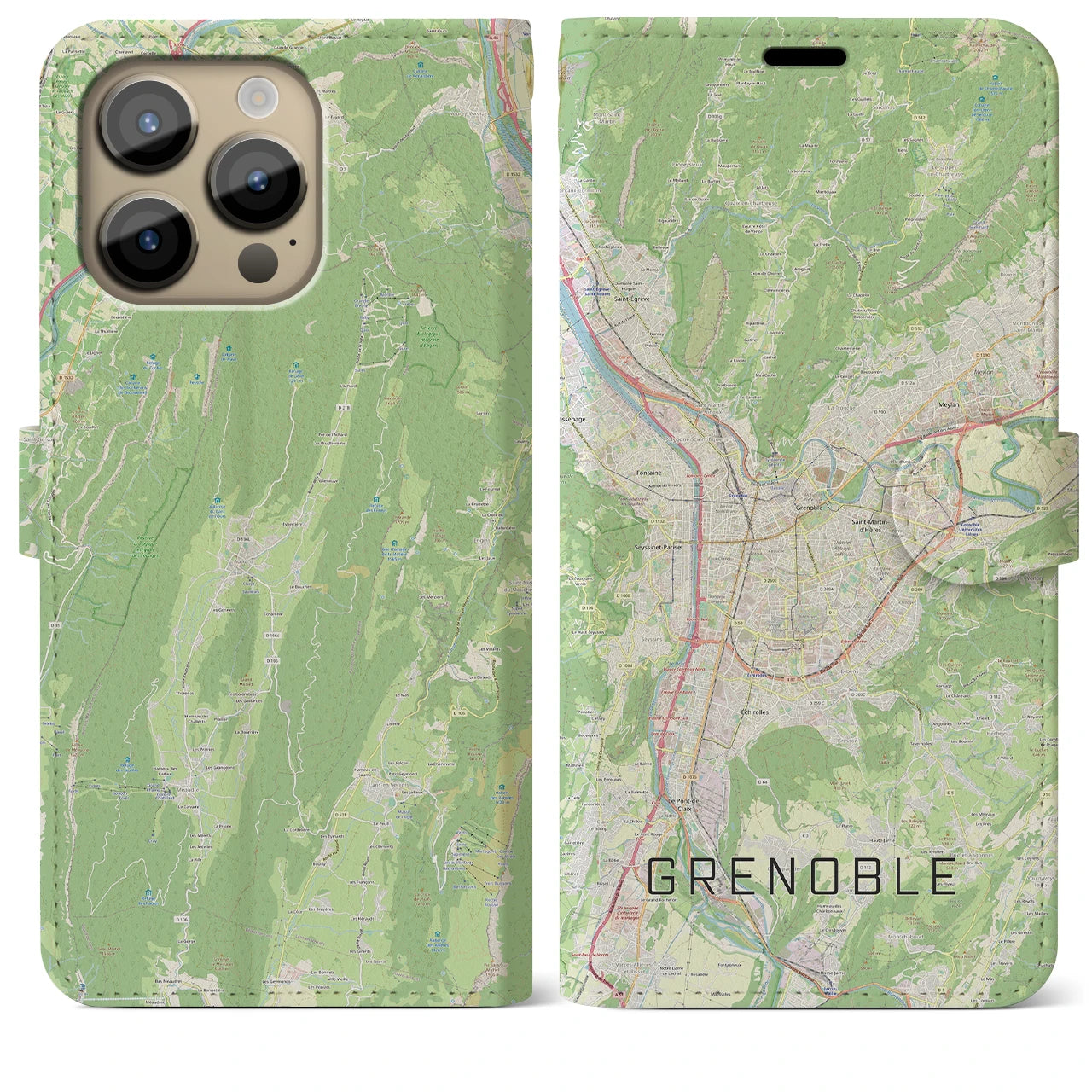 【グルノーブル(フランス)】地図柄iPhoneケース(手帳タイプ)ナチュラル・iPhone 14 Pro Max 用