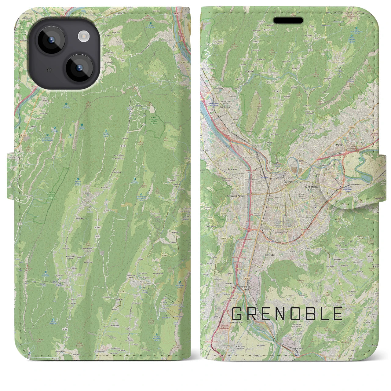 【グルノーブル(フランス)】地図柄iPhoneケース(手帳タイプ)ナチュラル・iPhone 14 Plus 用