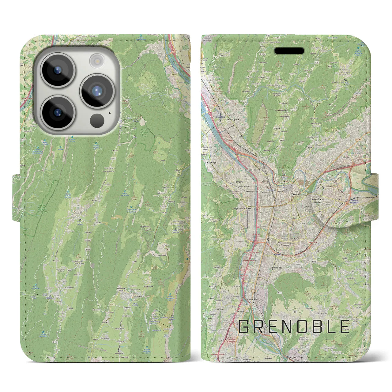 【グルノーブル(フランス)】地図柄iPhoneケース(手帳タイプ)ナチュラル・iPhone 15 Pro 用