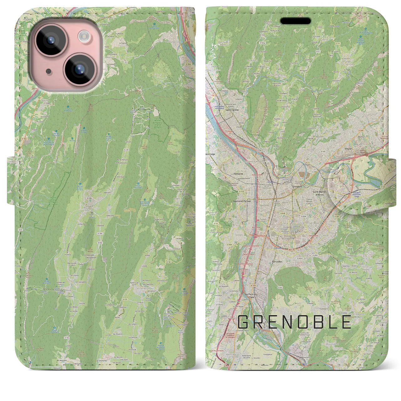 【グルノーブル(フランス)】地図柄iPhoneケース(手帳タイプ)ナチュラル・iPhone 15 Plus 用