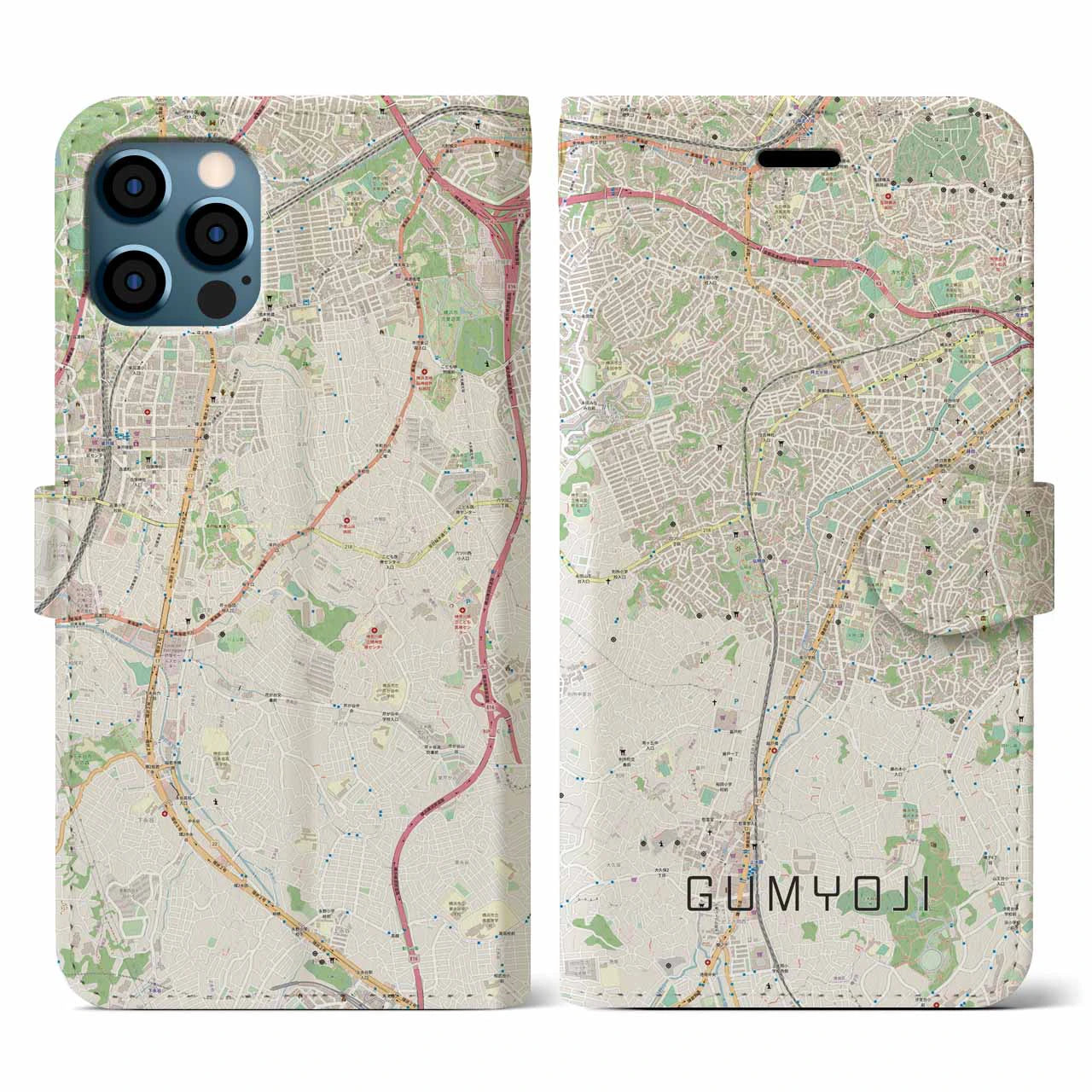 【弘明寺(神奈川県)】地図柄iPhoneケース(手帳タイプ)ナチュラル・iPhone 12 / 12 Pro 用