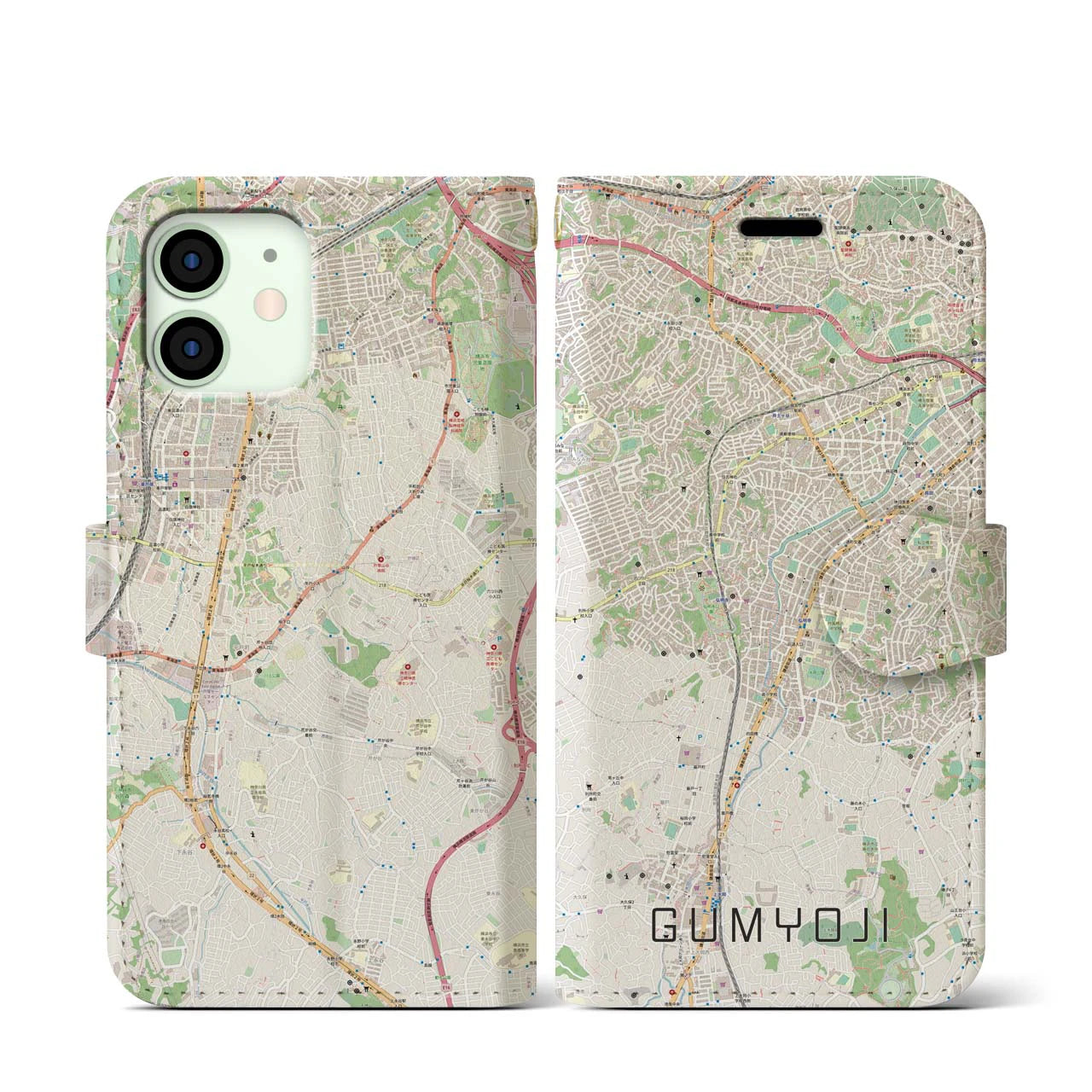 【弘明寺(神奈川県)】地図柄iPhoneケース(手帳タイプ)ナチュラル・iPhone 12 mini 用