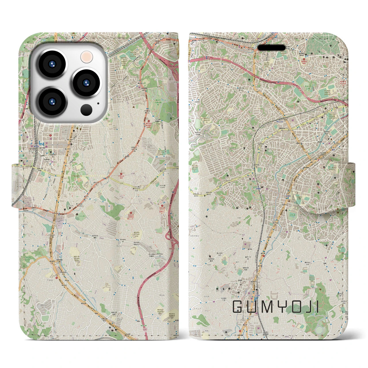 【弘明寺(神奈川県)】地図柄iPhoneケース(手帳タイプ)ナチュラル・iPhone 13 Pro 用