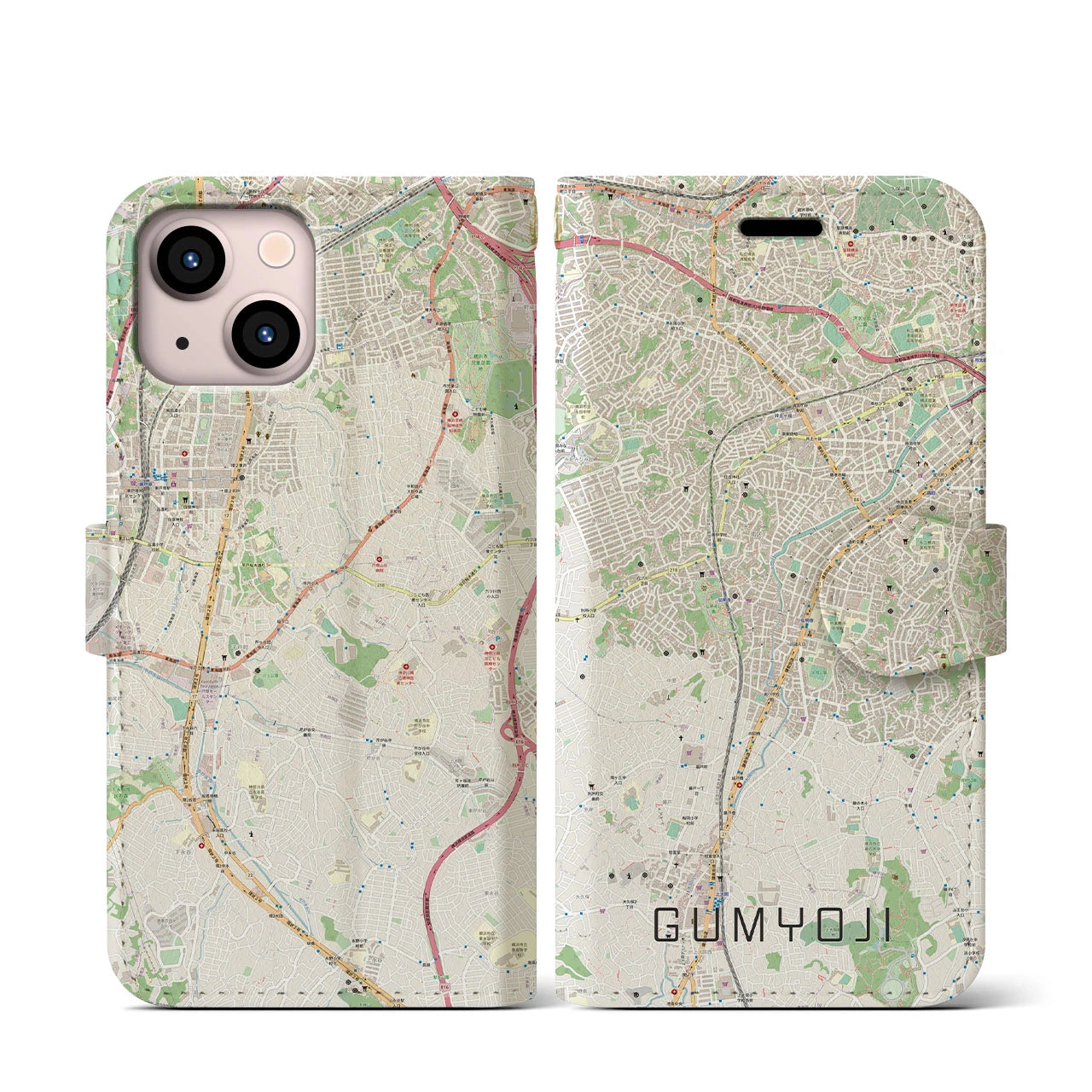 【弘明寺(神奈川県)】地図柄iPhoneケース(手帳タイプ)ナチュラル・iPhone 13 mini 用
