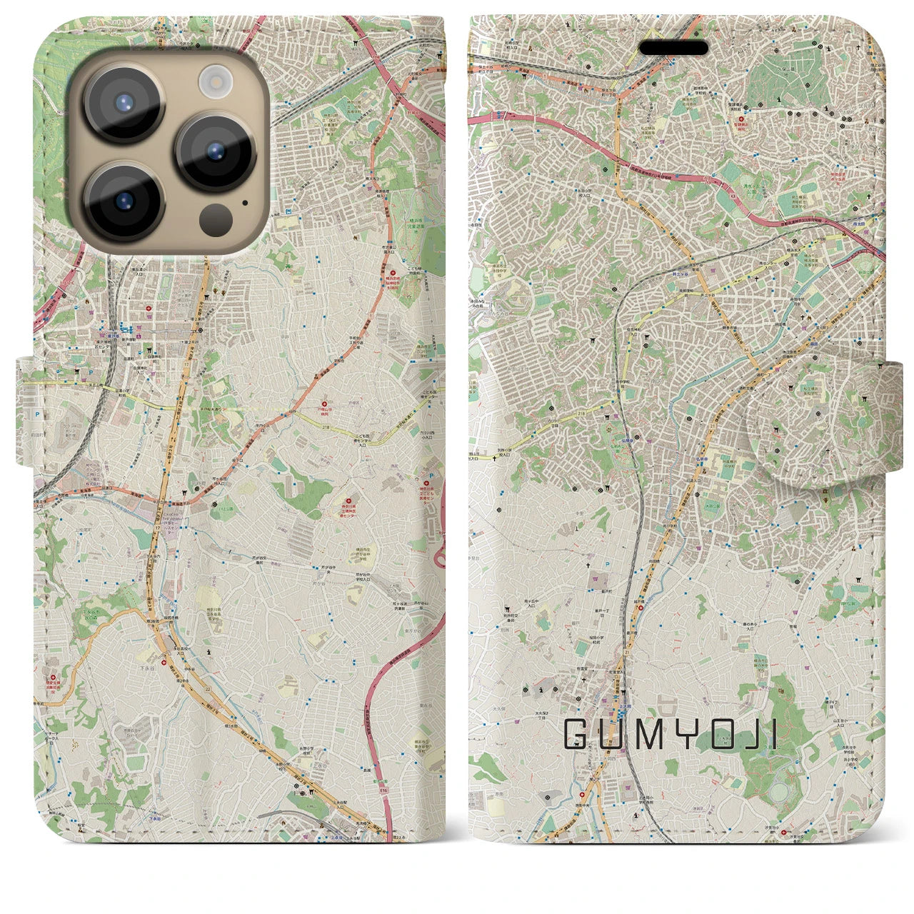 【弘明寺(神奈川県)】地図柄iPhoneケース(手帳タイプ)ナチュラル・iPhone 14 Pro Max 用