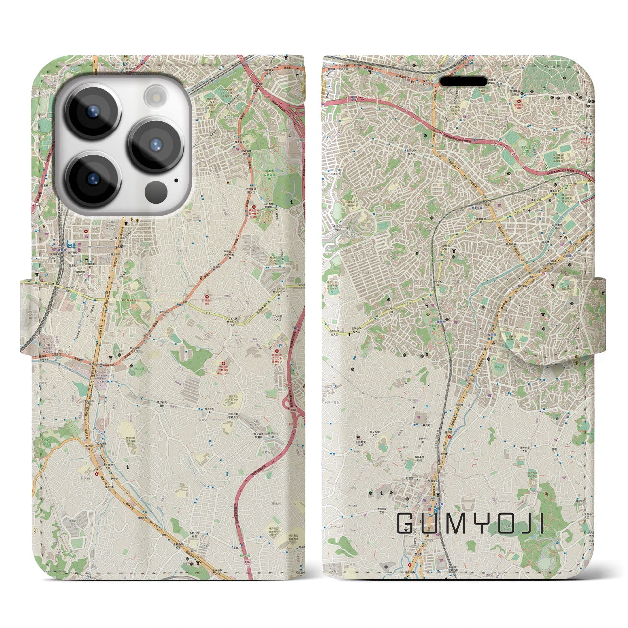 【弘明寺(神奈川県)】地図柄iPhoneケース(手帳タイプ)ナチュラル・iPhone 14 Pro 用