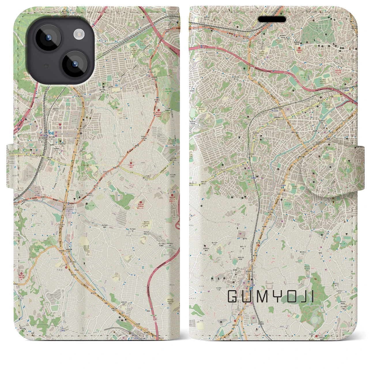 【弘明寺(神奈川県)】地図柄iPhoneケース(手帳タイプ)ナチュラル・iPhone 14 Plus 用
