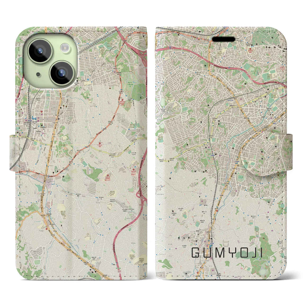 【弘明寺(神奈川県)】地図柄iPhoneケース(手帳タイプ)ナチュラル・iPhone 15 用