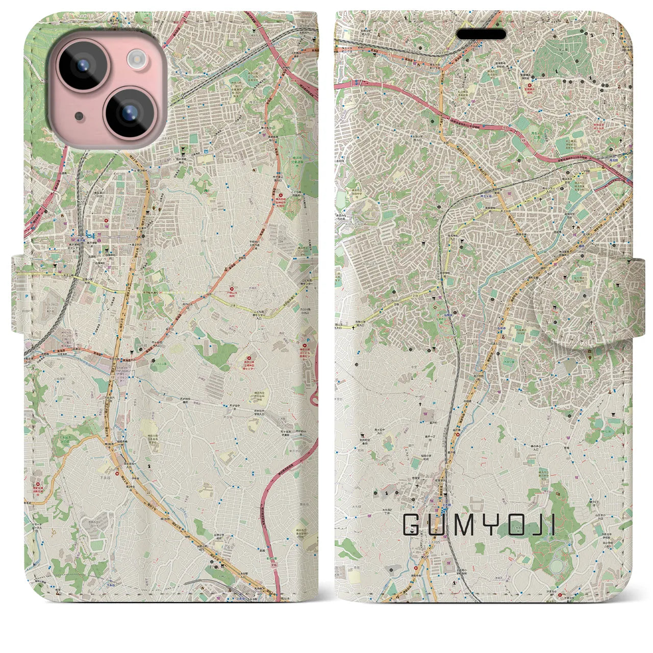 【弘明寺(神奈川県)】地図柄iPhoneケース(手帳タイプ)ナチュラル・iPhone 15 Plus 用