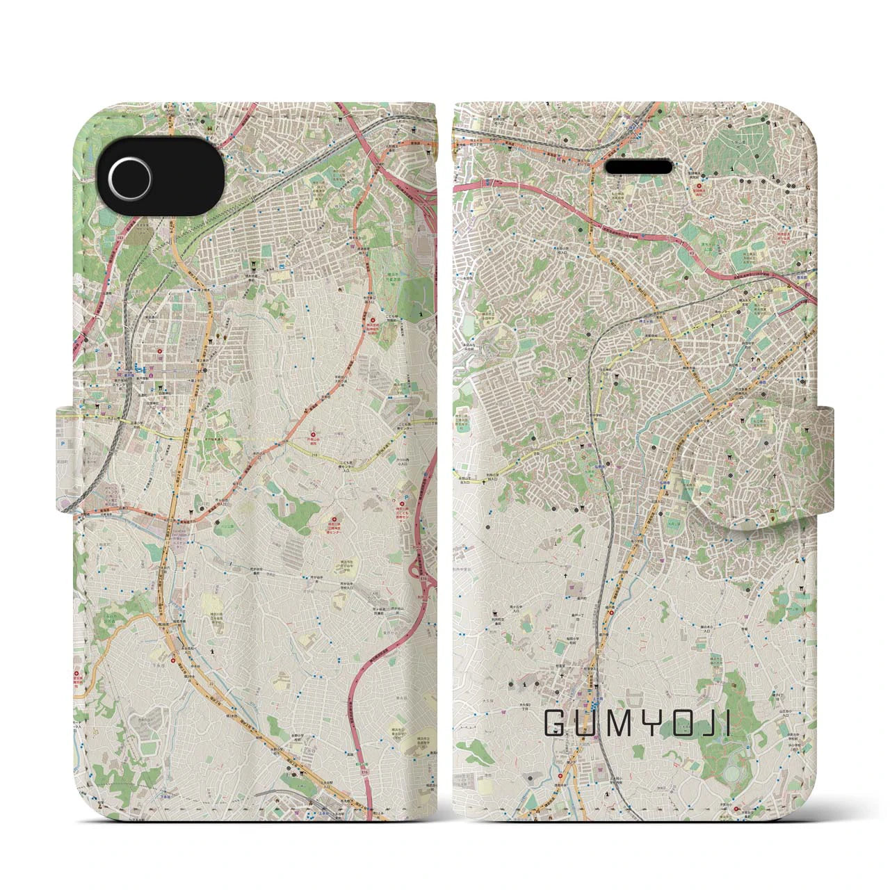 【弘明寺(神奈川県)】地図柄iPhoneケース(手帳タイプ)ナチュラル・iPhone SE(第3 / 第2世代) / 8 / 7 / 6s / 6 用