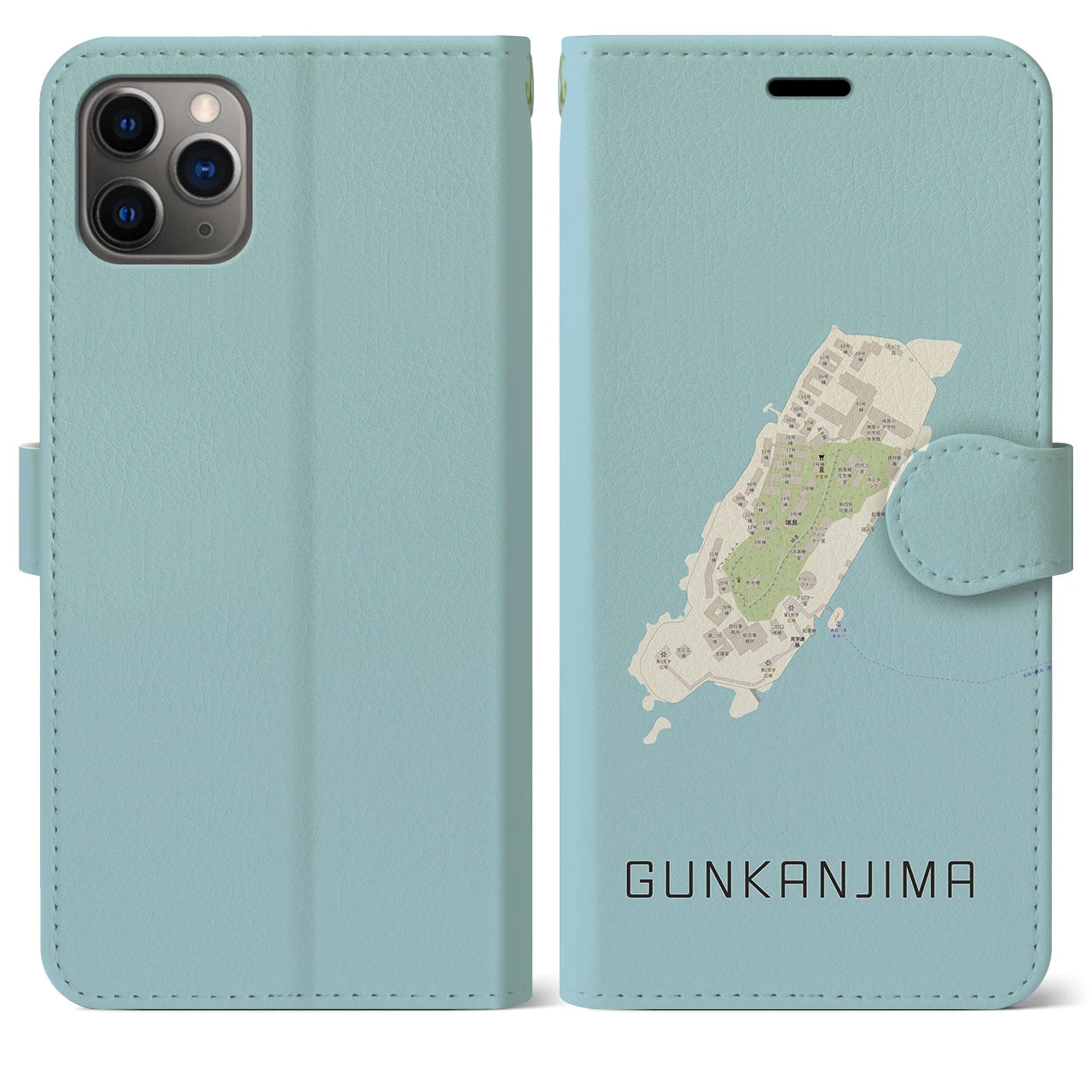 【軍艦島(長崎県)】地図柄iPhoneケース(手帳タイプ)ナチュラル・iPhone 11 Pro Max 用