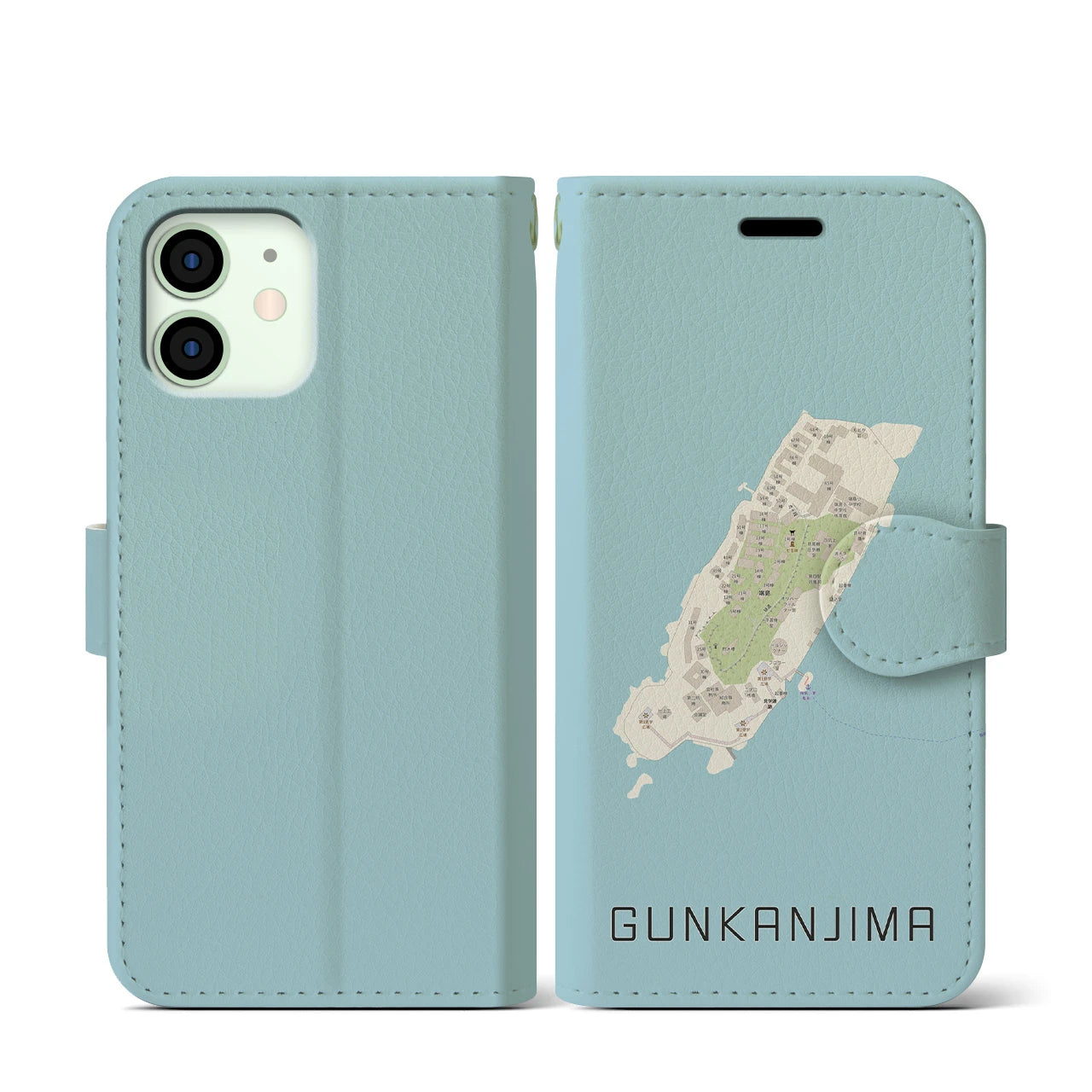 【軍艦島(長崎県)】地図柄iPhoneケース(手帳タイプ)ナチュラル・iPhone 12 mini 用