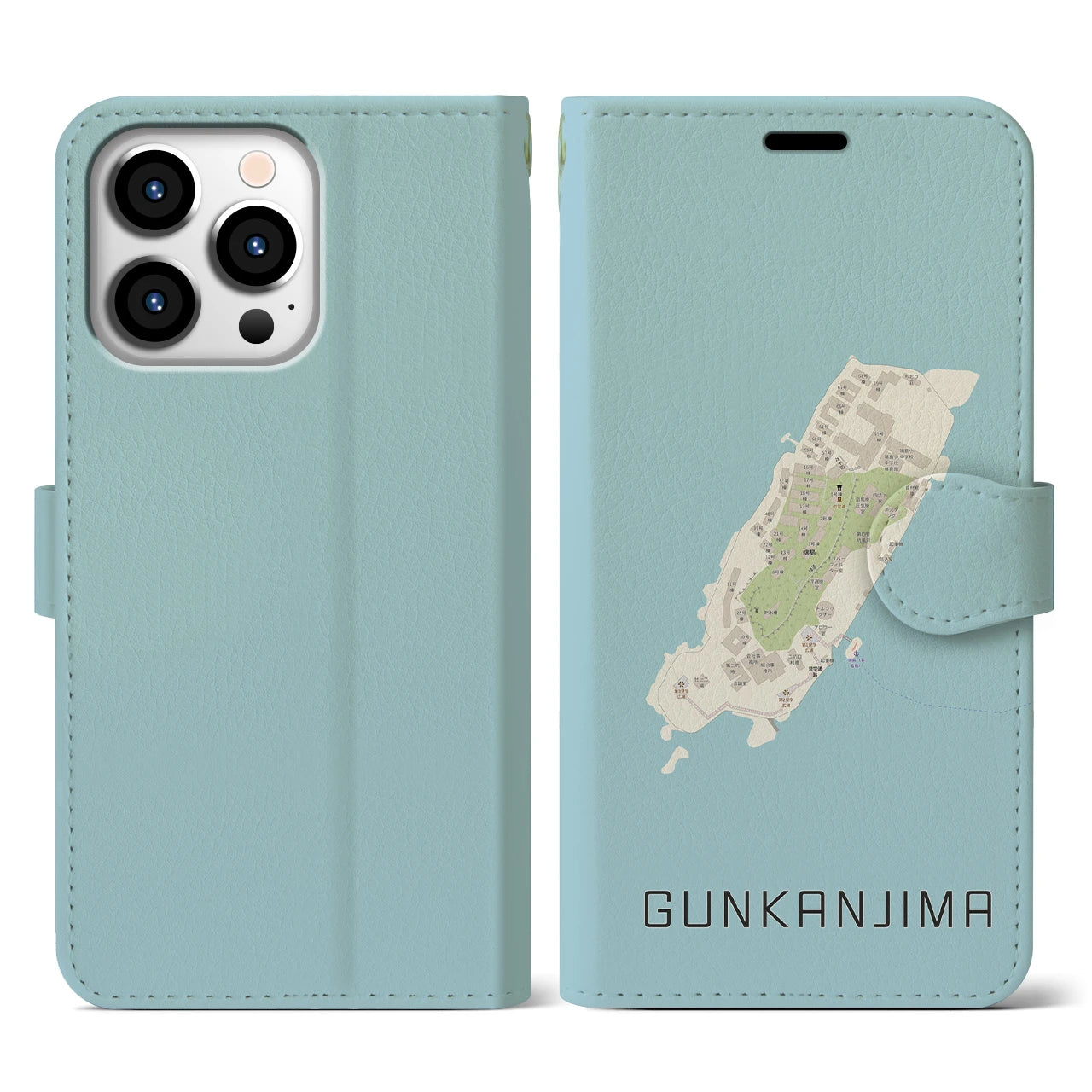 【軍艦島(長崎県)】地図柄iPhoneケース(手帳タイプ)ナチュラル・iPhone 13 Pro 用