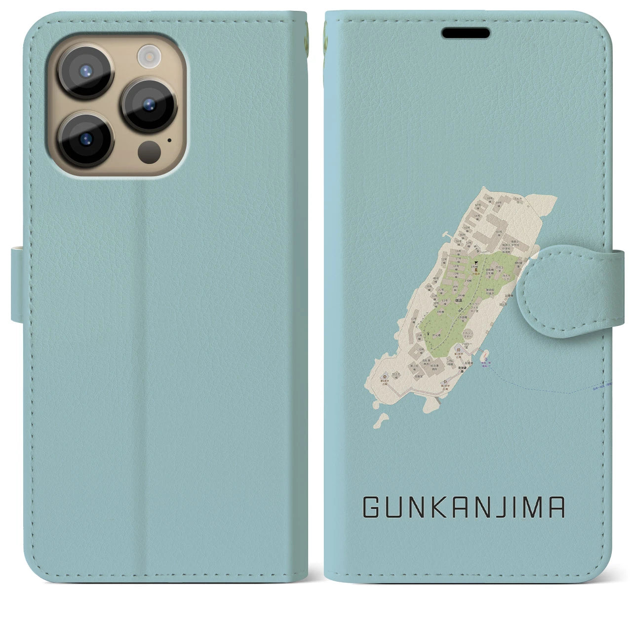 【軍艦島(長崎県)】地図柄iPhoneケース(手帳タイプ)ナチュラル・iPhone 14 Pro Max 用