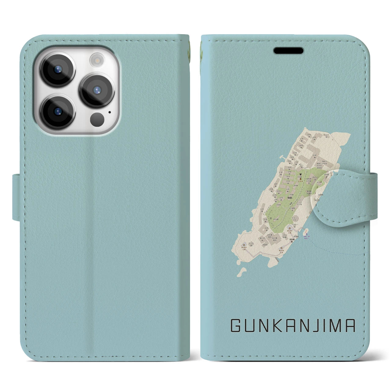 【軍艦島(長崎県)】地図柄iPhoneケース(手帳タイプ)ナチュラル・iPhone 14 Pro 用
