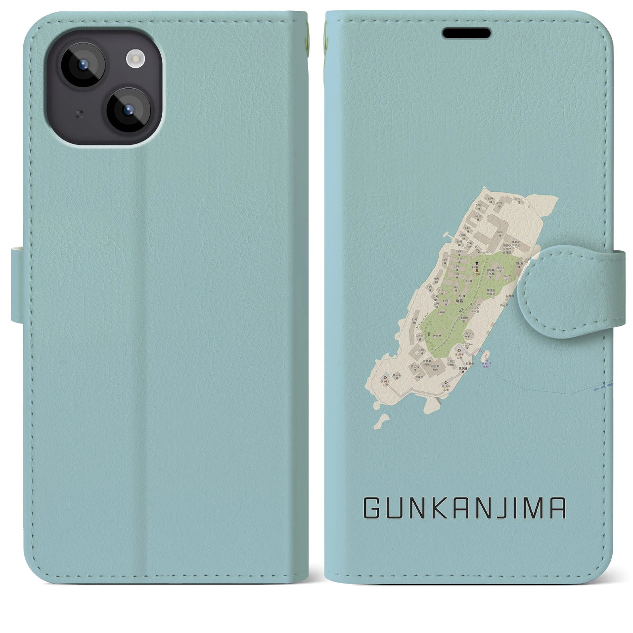 【軍艦島(長崎県)】地図柄iPhoneケース(手帳タイプ)ナチュラル・iPhone 14 Plus 用