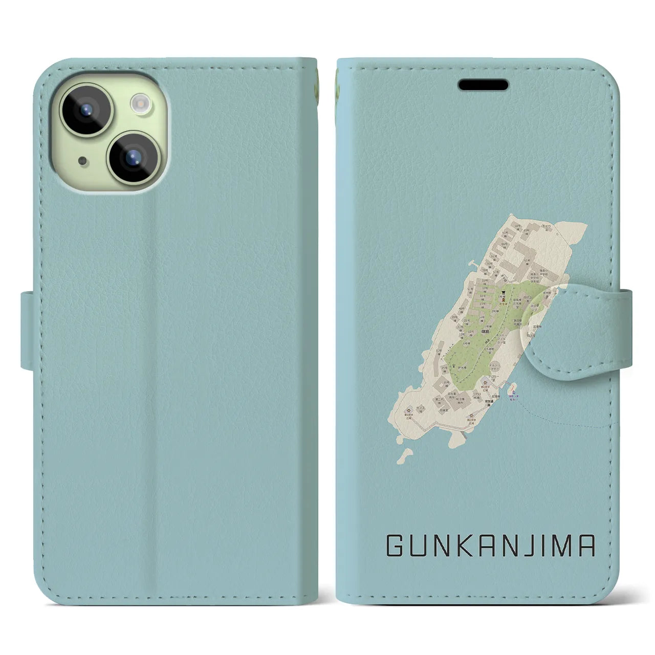 【軍艦島(長崎県)】地図柄iPhoneケース(手帳タイプ)ナチュラル・iPhone 15 用