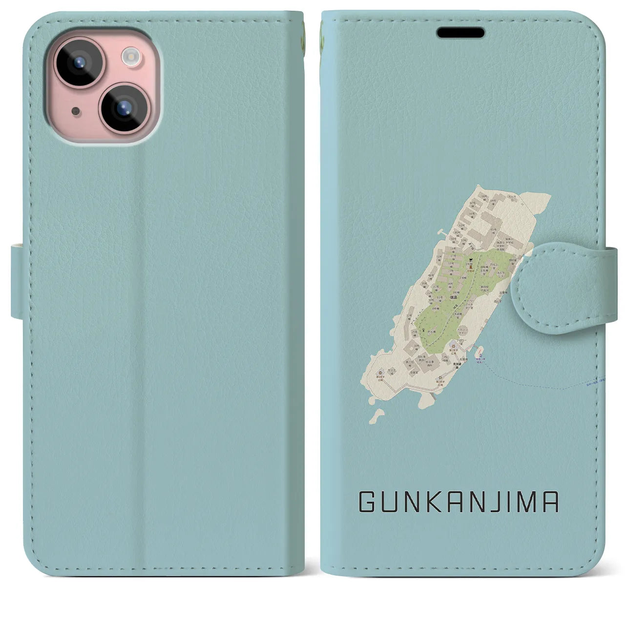 【軍艦島(長崎県)】地図柄iPhoneケース(手帳タイプ)ナチュラル・iPhone 15 Plus 用