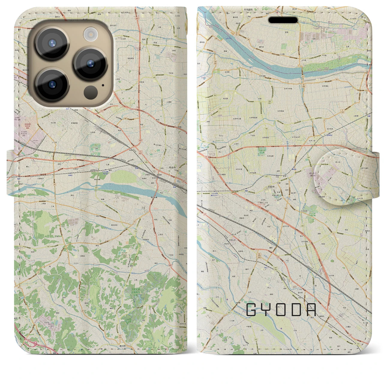 【行田(埼玉県)】地図柄iPhoneケース(手帳タイプ)ナチュラル・iPhone 14 Pro Max 用