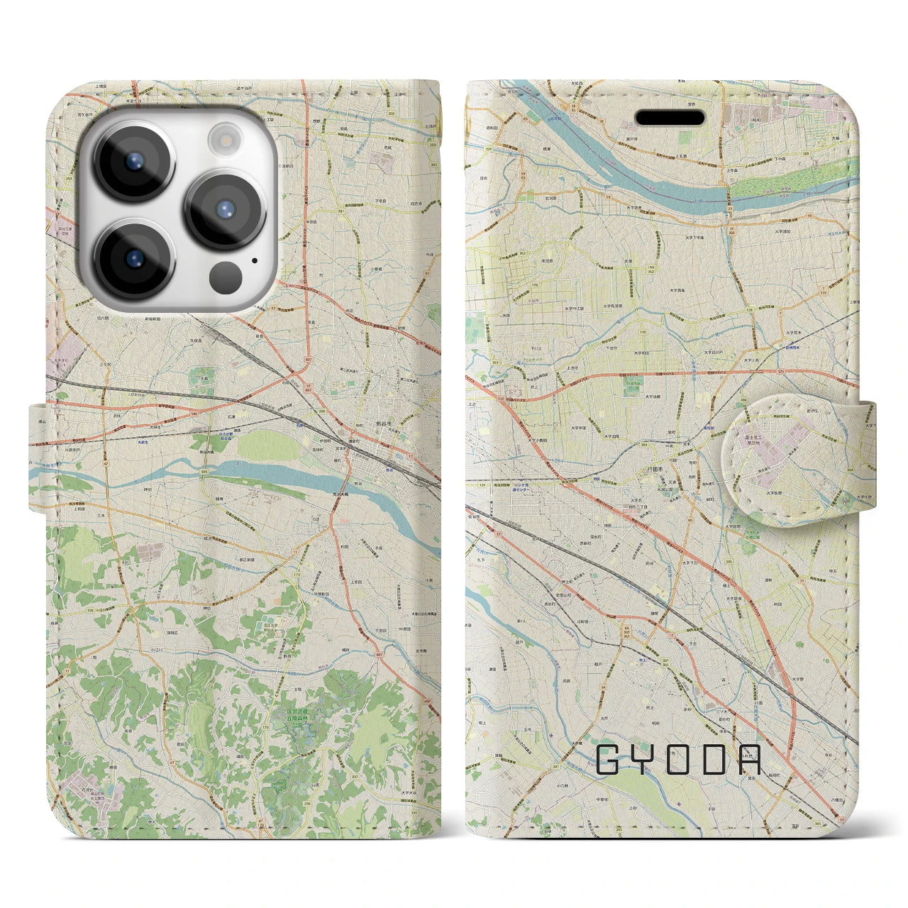 【行田(埼玉県)】地図柄iPhoneケース(手帳タイプ)ナチュラル・iPhone 14 Pro 用