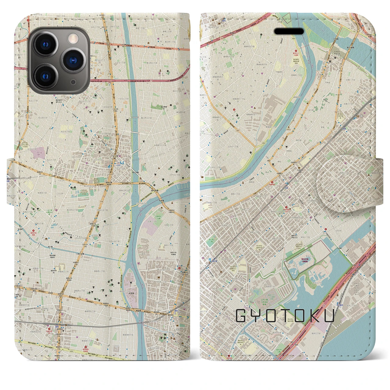 【行徳(千葉県)】地図柄iPhoneケース(手帳タイプ)ナチュラル・iPhone 11 Pro Max 用