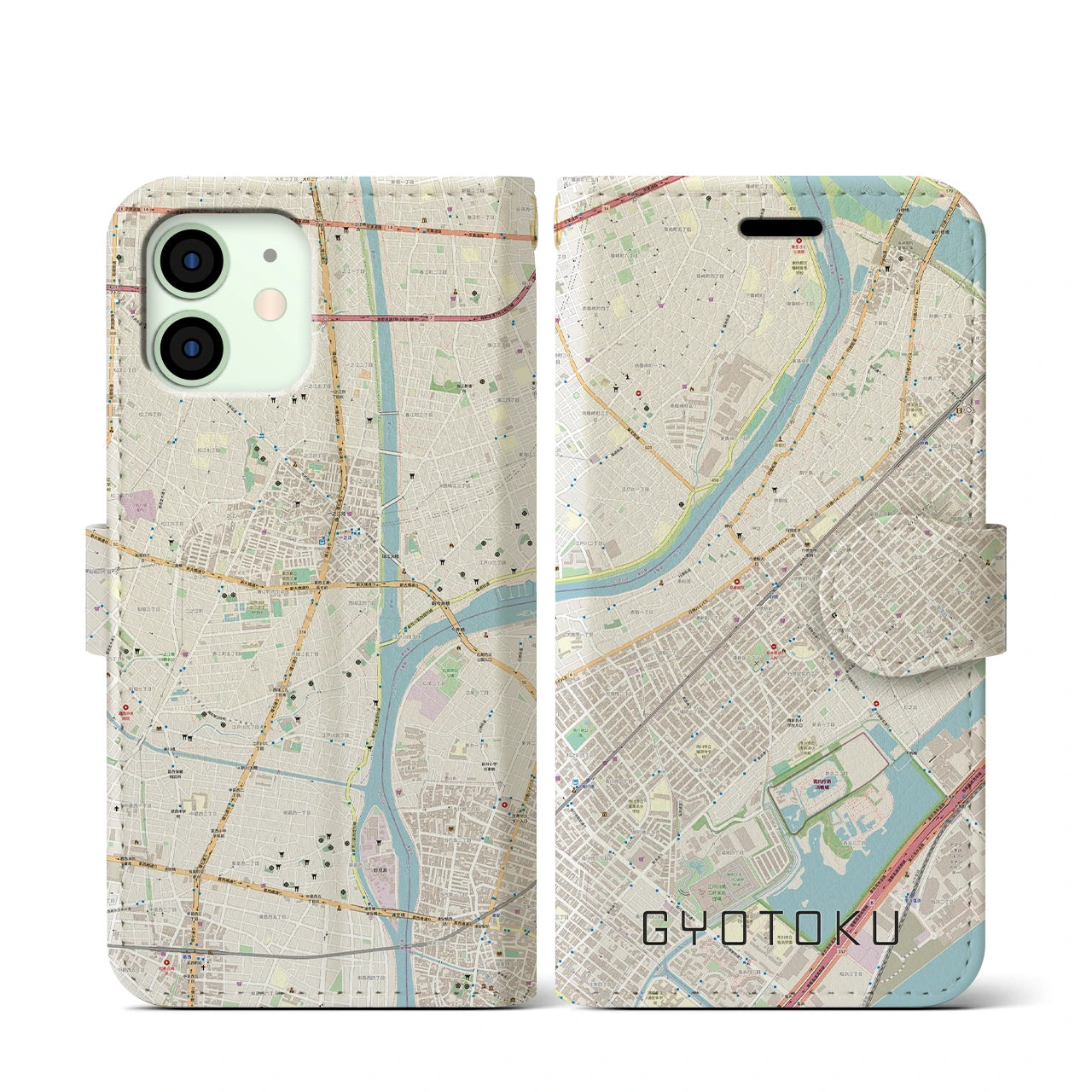 【行徳(千葉県)】地図柄iPhoneケース(手帳タイプ)ナチュラル・iPhone 12 mini 用