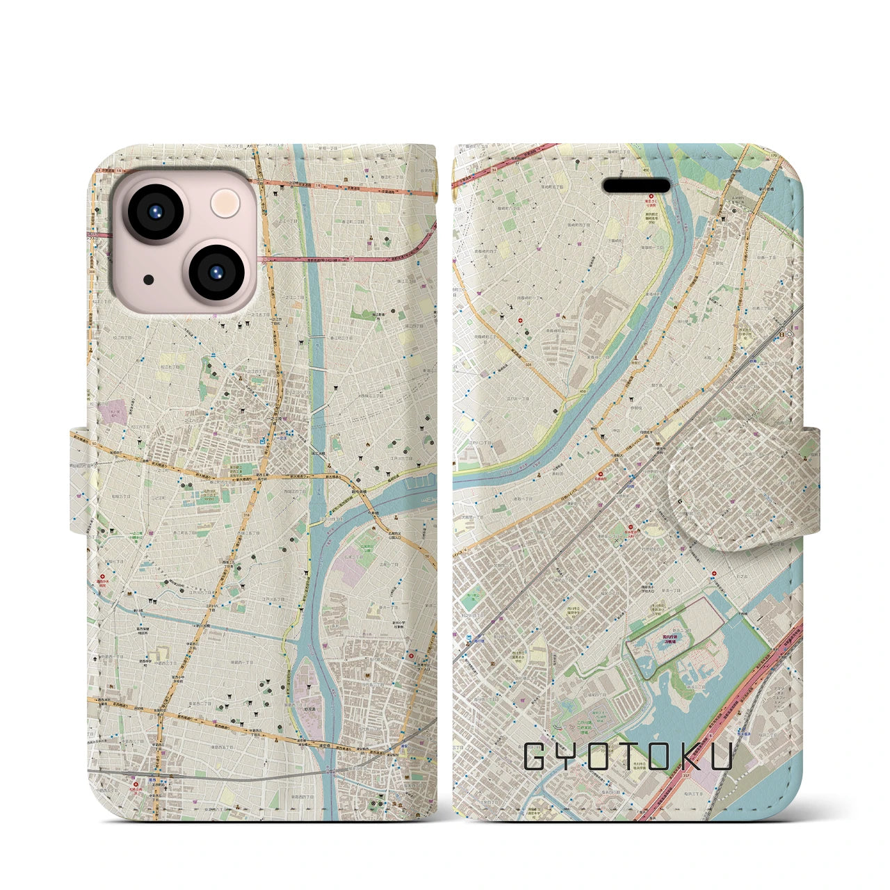 【行徳(千葉県)】地図柄iPhoneケース(手帳タイプ)ナチュラル・iPhone 13 mini 用