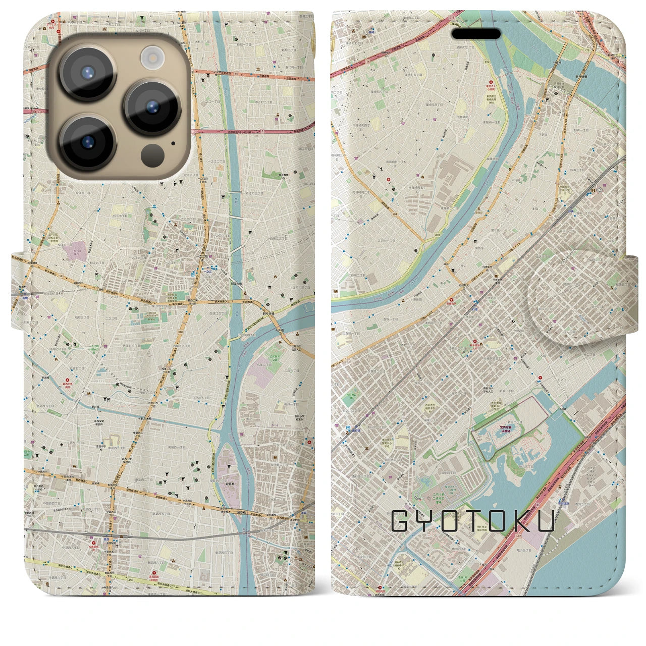 【行徳(千葉県)】地図柄iPhoneケース(手帳タイプ)ナチュラル・iPhone 14 Pro Max 用