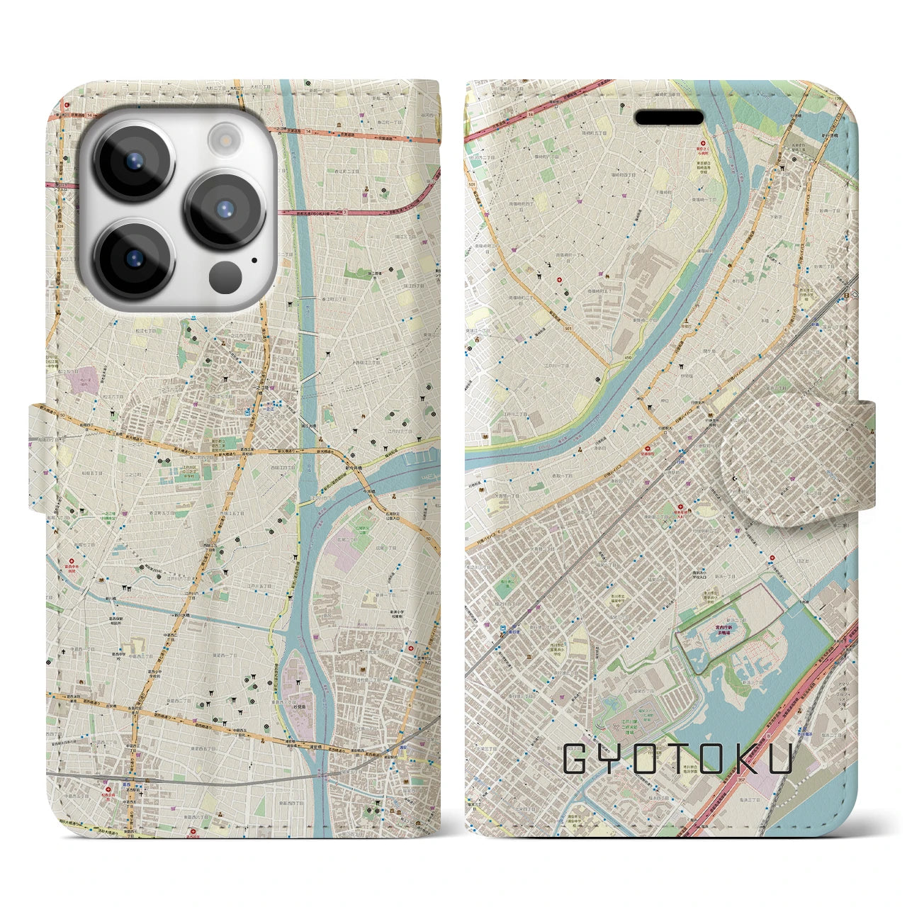 【行徳(千葉県)】地図柄iPhoneケース(手帳タイプ)ナチュラル・iPhone 14 Pro 用
