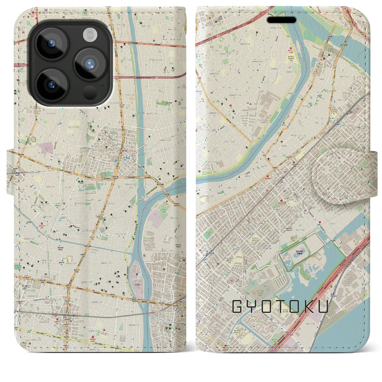 【行徳(千葉県)】地図柄iPhoneケース(手帳タイプ)ナチュラル・iPhone 15 Pro Max 用