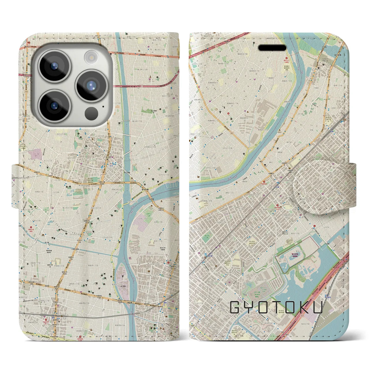 【行徳(千葉県)】地図柄iPhoneケース(手帳タイプ)ナチュラル・iPhone 15 Pro 用