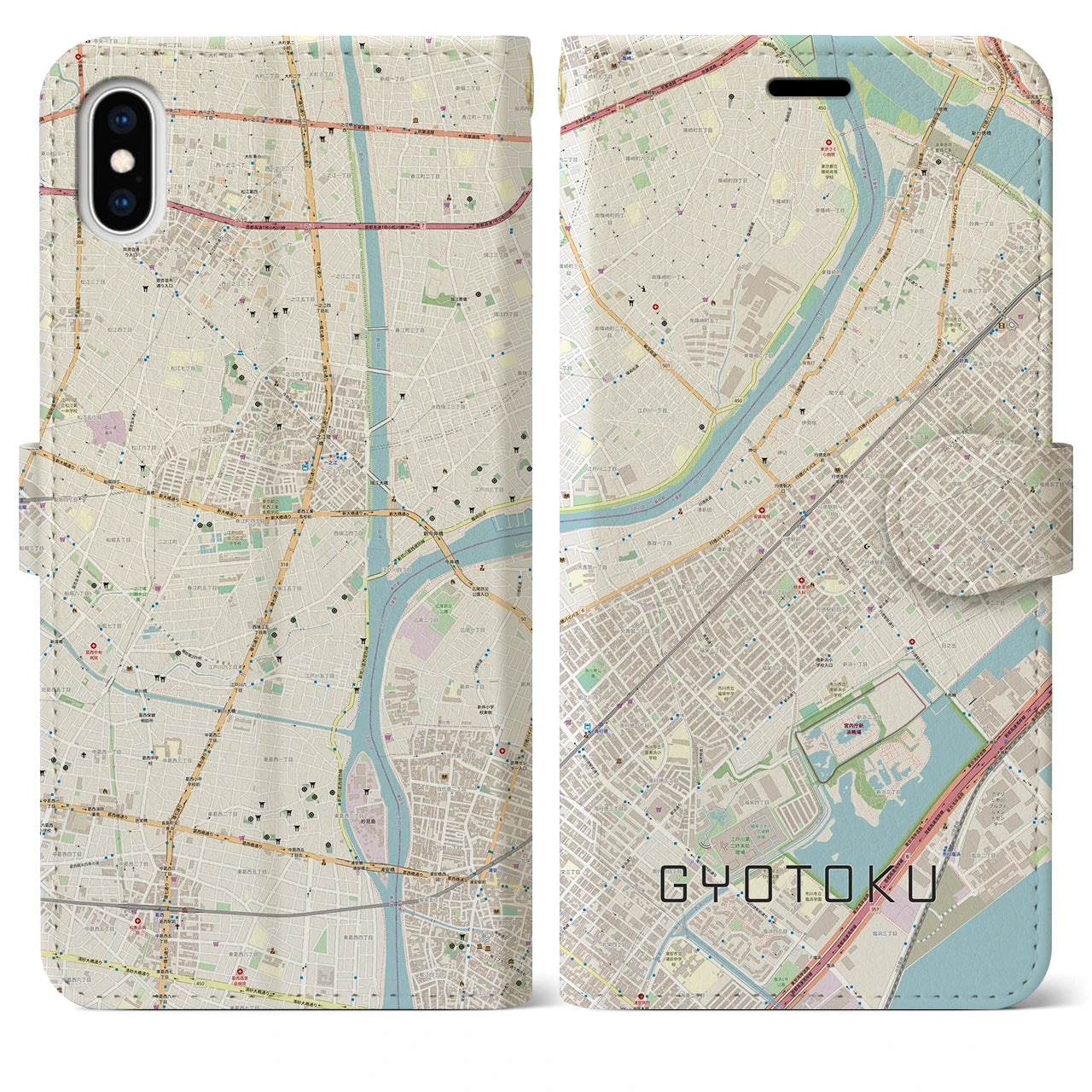 【行徳(千葉県)】地図柄iPhoneケース(手帳タイプ)ナチュラル・iPhone XS Max 用