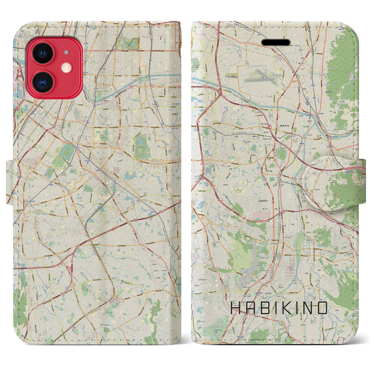 【羽曳野(大阪府)】地図柄iPhoneケース(手帳タイプ)ナチュラル・iPhone 11 用