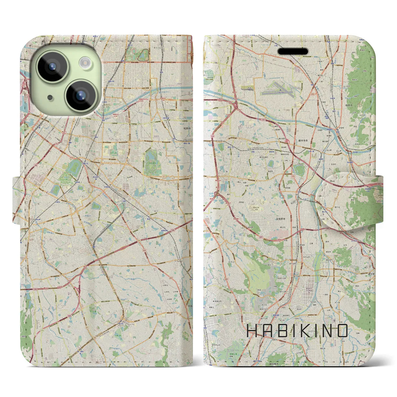 【羽曳野(大阪府)】地図柄iPhoneケース(手帳タイプ)ナチュラル・iPhone 15 用