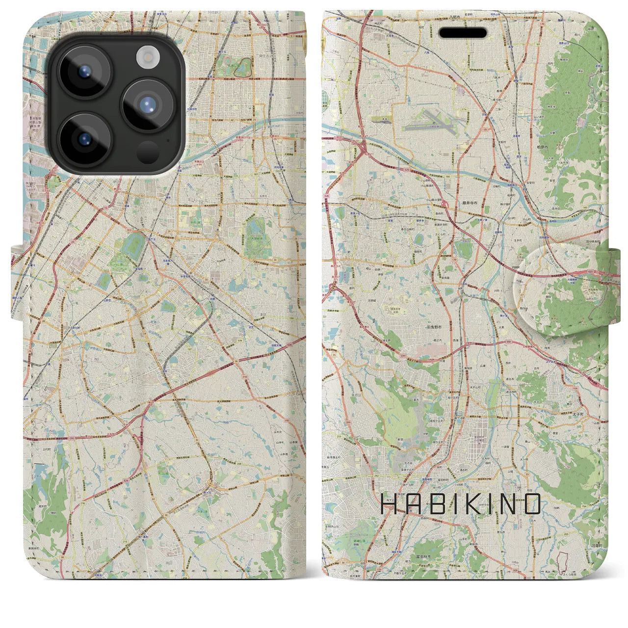 【羽曳野(大阪府)】地図柄iPhoneケース(手帳タイプ)ナチュラル・iPhone 15 Pro Max 用