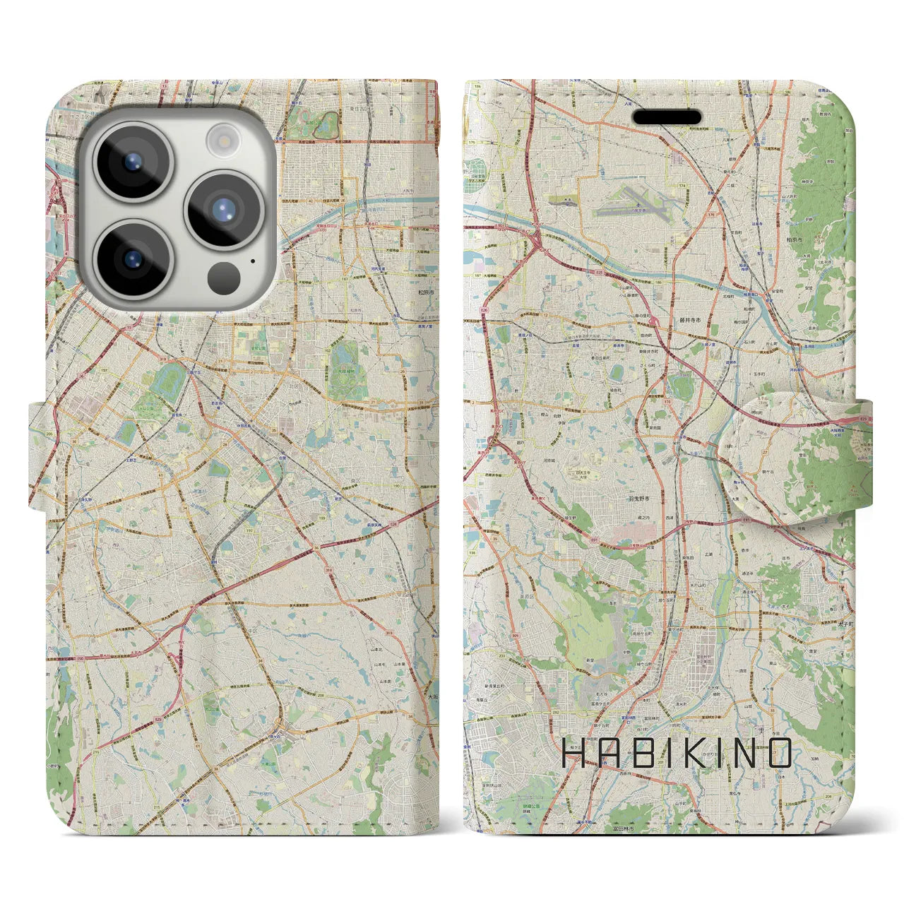 【羽曳野(大阪府)】地図柄iPhoneケース(手帳タイプ)ナチュラル・iPhone 15 Pro 用
