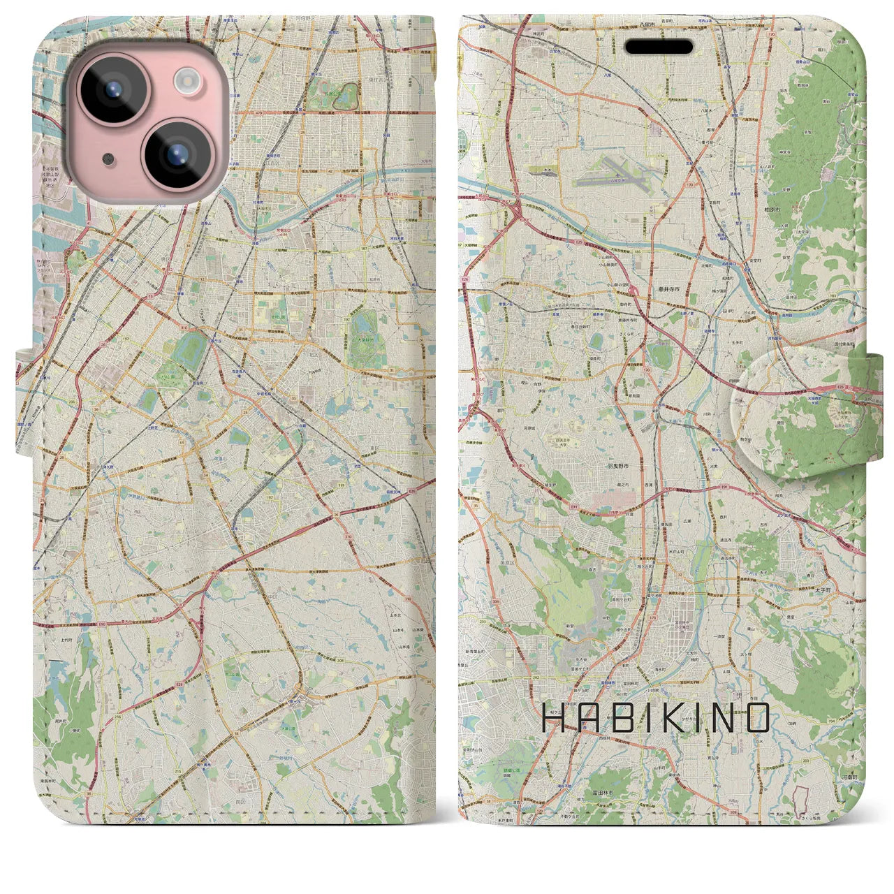 【羽曳野(大阪府)】地図柄iPhoneケース(手帳タイプ)ナチュラル・iPhone 15 Plus 用