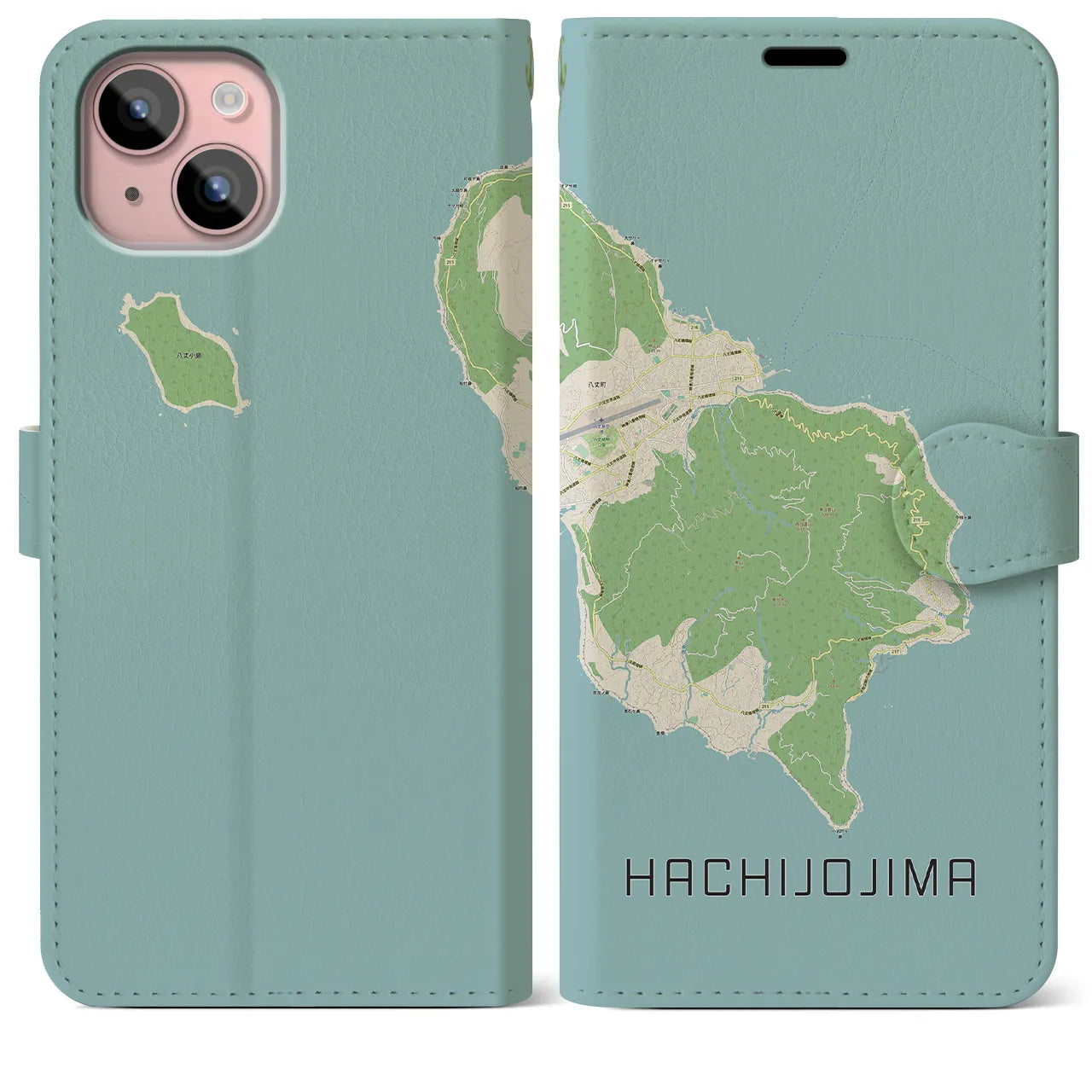 【八丈島(東京都)】地図柄iPhoneケース(手帳タイプ)ナチュラル・iPhone 15 Plus 用