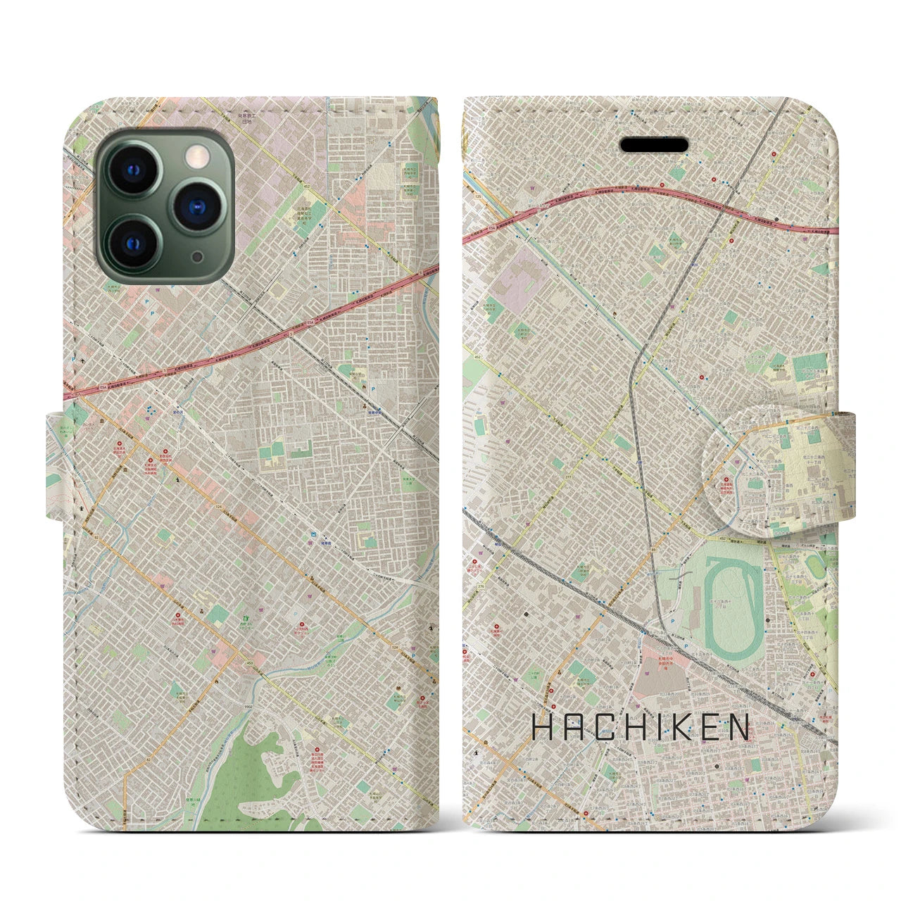 【八軒(北海道)】地図柄iPhoneケース(手帳タイプ)ナチュラル・iPhone 11 Pro 用