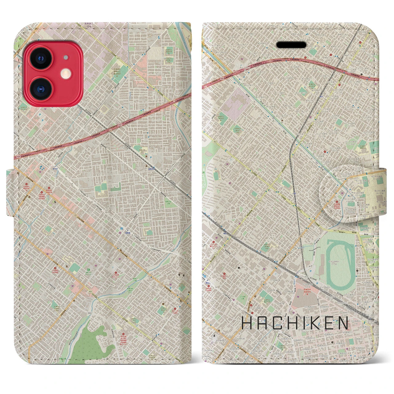 【八軒(北海道)】地図柄iPhoneケース(手帳タイプ)ナチュラル・iPhone 11 用