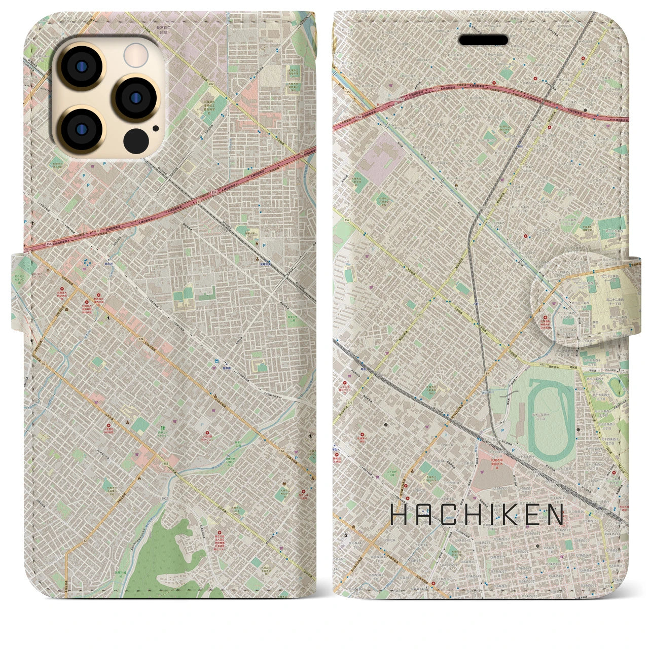 【八軒(北海道)】地図柄iPhoneケース(手帳タイプ)ナチュラル・iPhone 12 Pro Max 用