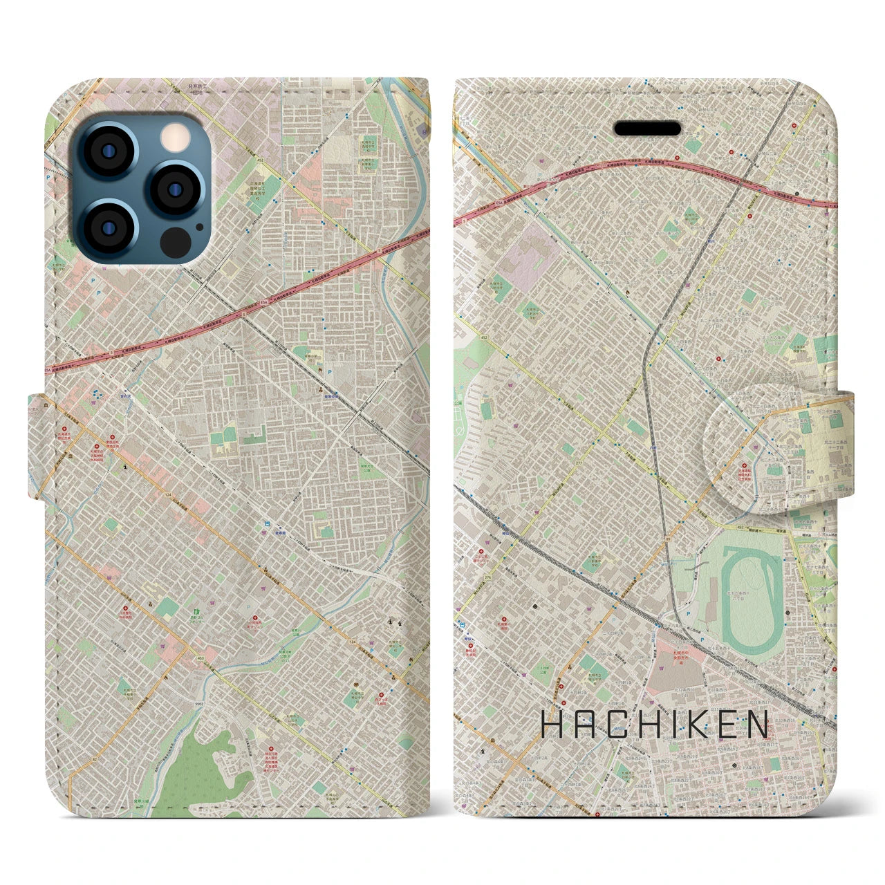 【八軒(北海道)】地図柄iPhoneケース(手帳タイプ)ナチュラル・iPhone 12 / 12 Pro 用