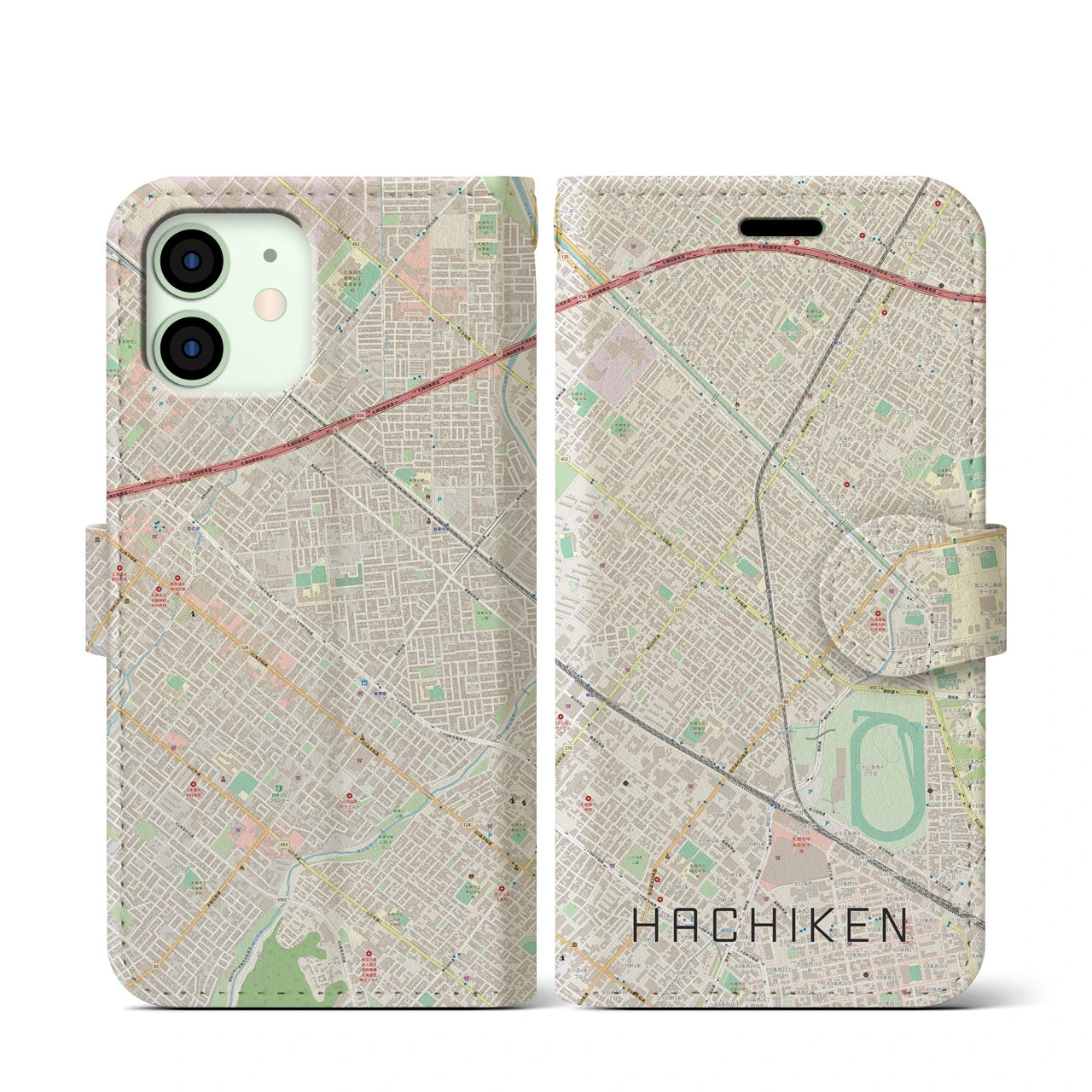 【八軒(北海道)】地図柄iPhoneケース(手帳タイプ)ナチュラル・iPhone 12 mini 用